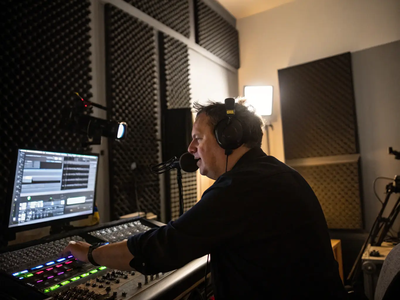 A technician operating live streaming equipment with a computer monitor displaying a live event feed, showing a seamless and professional live experience.