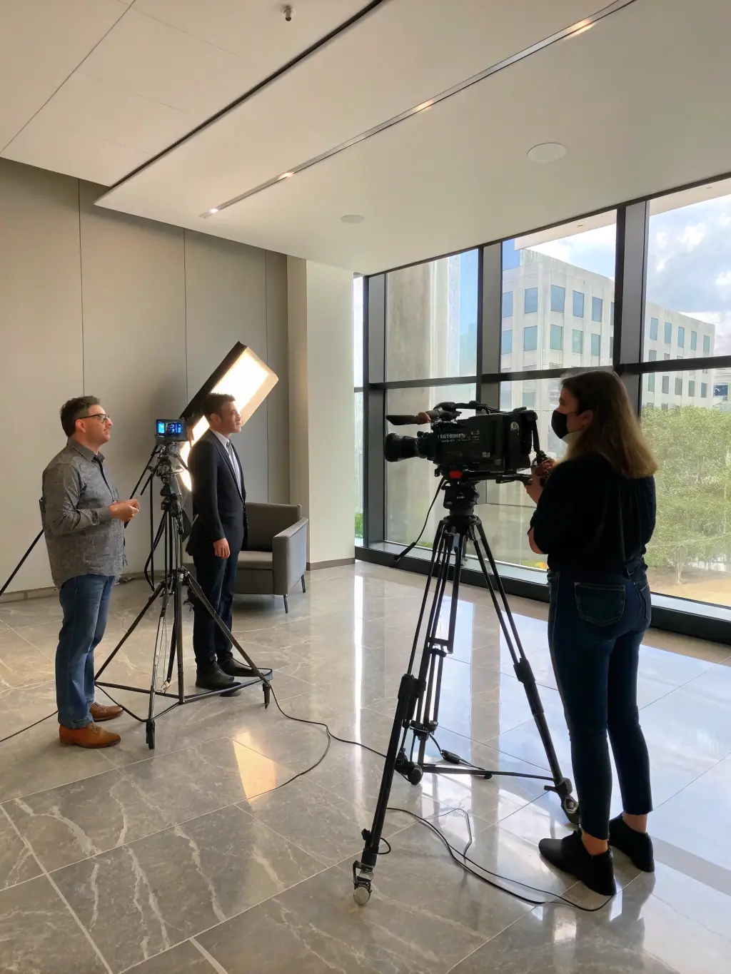 A professional multi-camera setup filming a speaker at a business conference, capturing different angles and close-ups for dynamic video production.