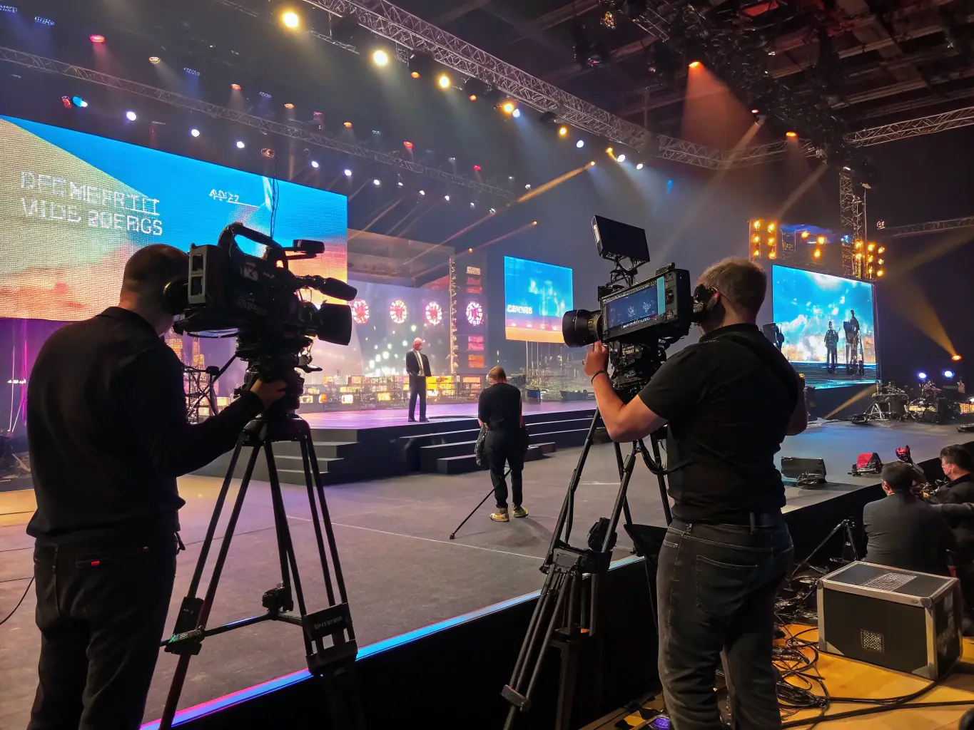 A professional multi-camera setup filming a seminar with multiple angles and a crew operating cameras, capturing various speakers and audience interactions.